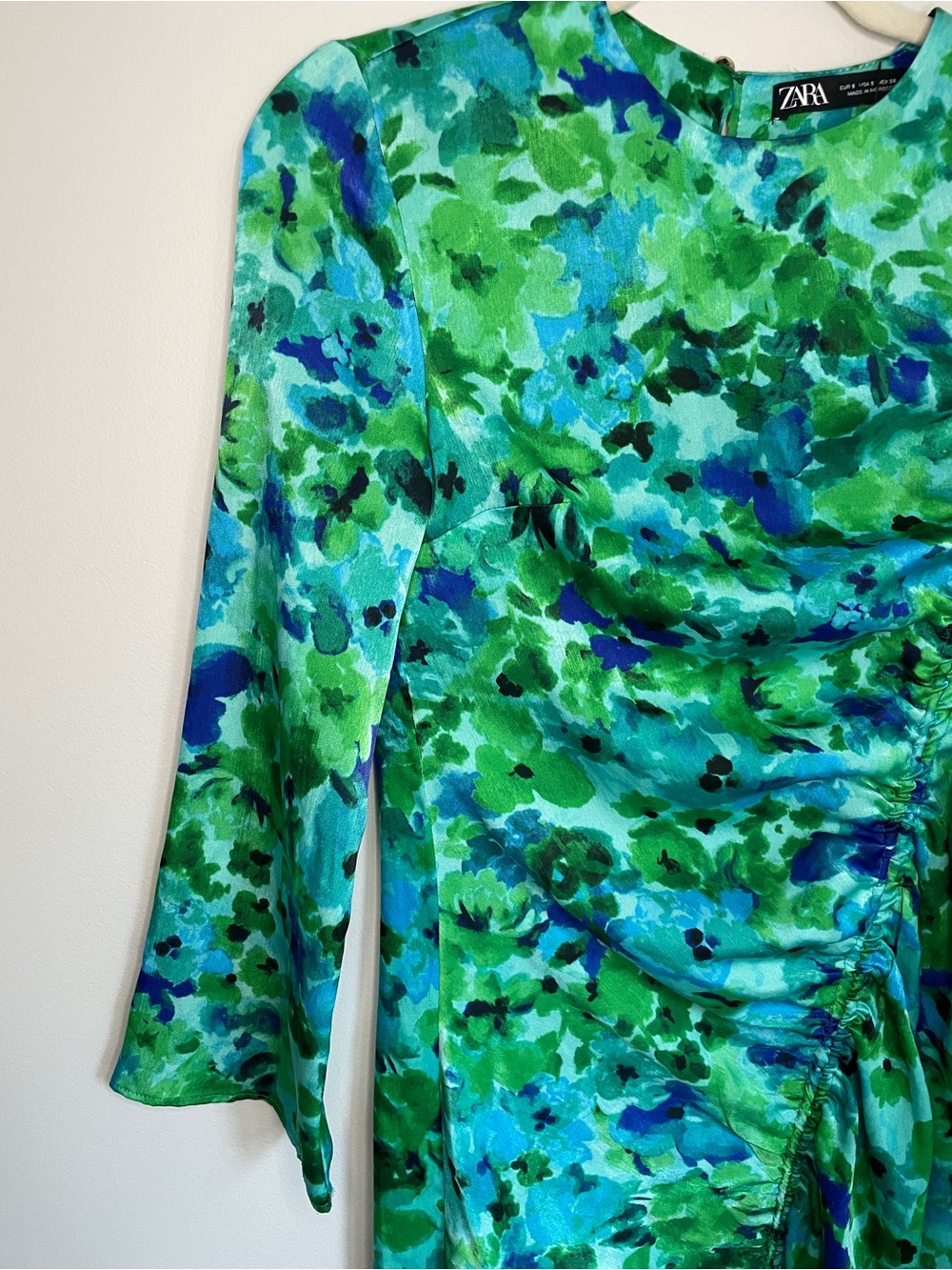 Zara Floral High Neck Long Sleeve Midi Dress Women Small Blue Green Ruched NWOT - Picture 4 of 10